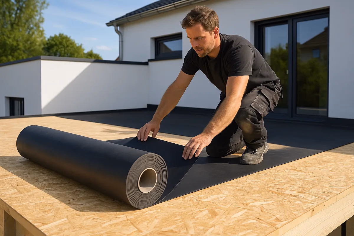 EPDM Dachfolie wird auf einem Flachdach verlegt