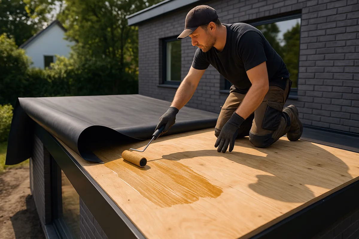 EPDM Folie wird auf dem Flachdach eines Anbaus verklebt
