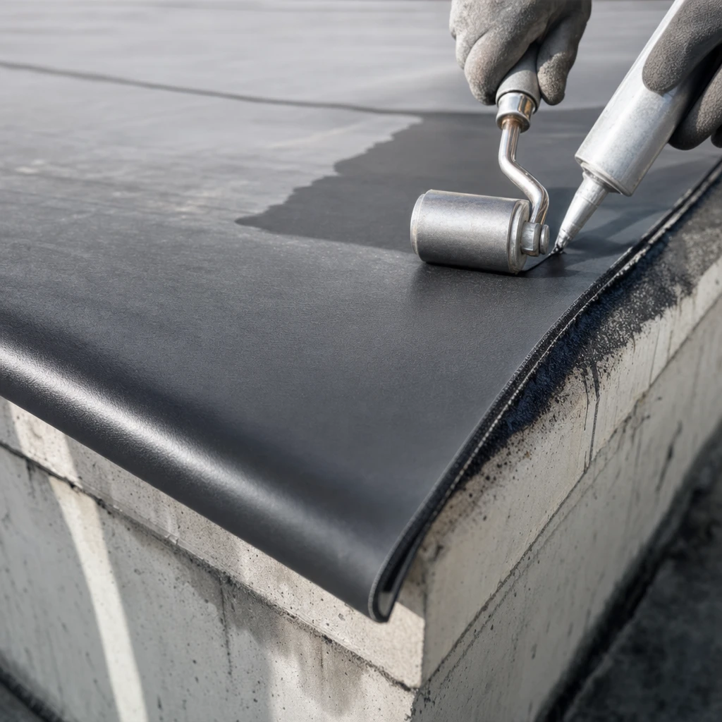 Nahaufnahme EPDM Folienstärke: Kante und Oberfläche einer EPDM-Dachbahn, Vergleich von Dicke