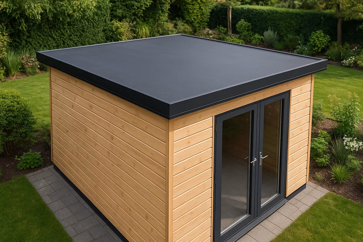 Fertig mit EPDM Dachfolie abgedichtetes Gartenhausdach