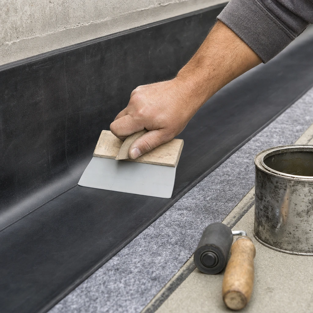 Detailaufnahme der Verlegung einer EPDM-Dachfolie mit Rakel und Klebstoff