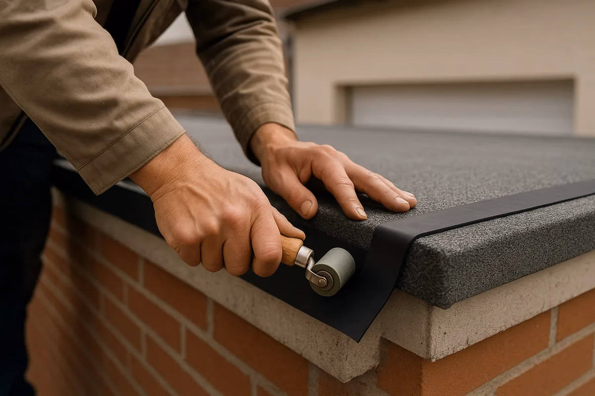 EPDM Streifen wird zum Abdichten eines Garagendachs verklebt