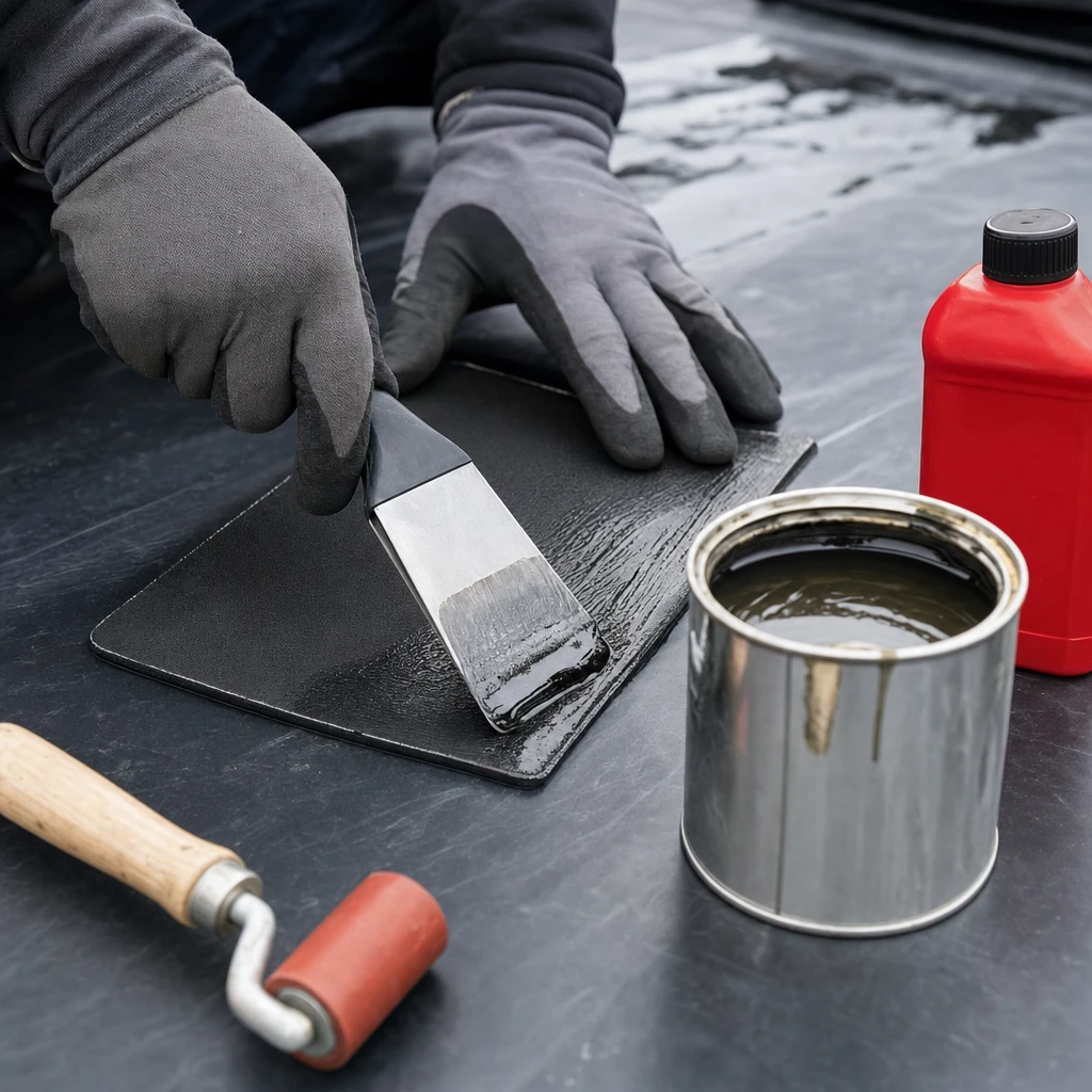 EPDM Verklebung Detail: EPDM oder PVC Vergleich, Flicken wird aufgebracht