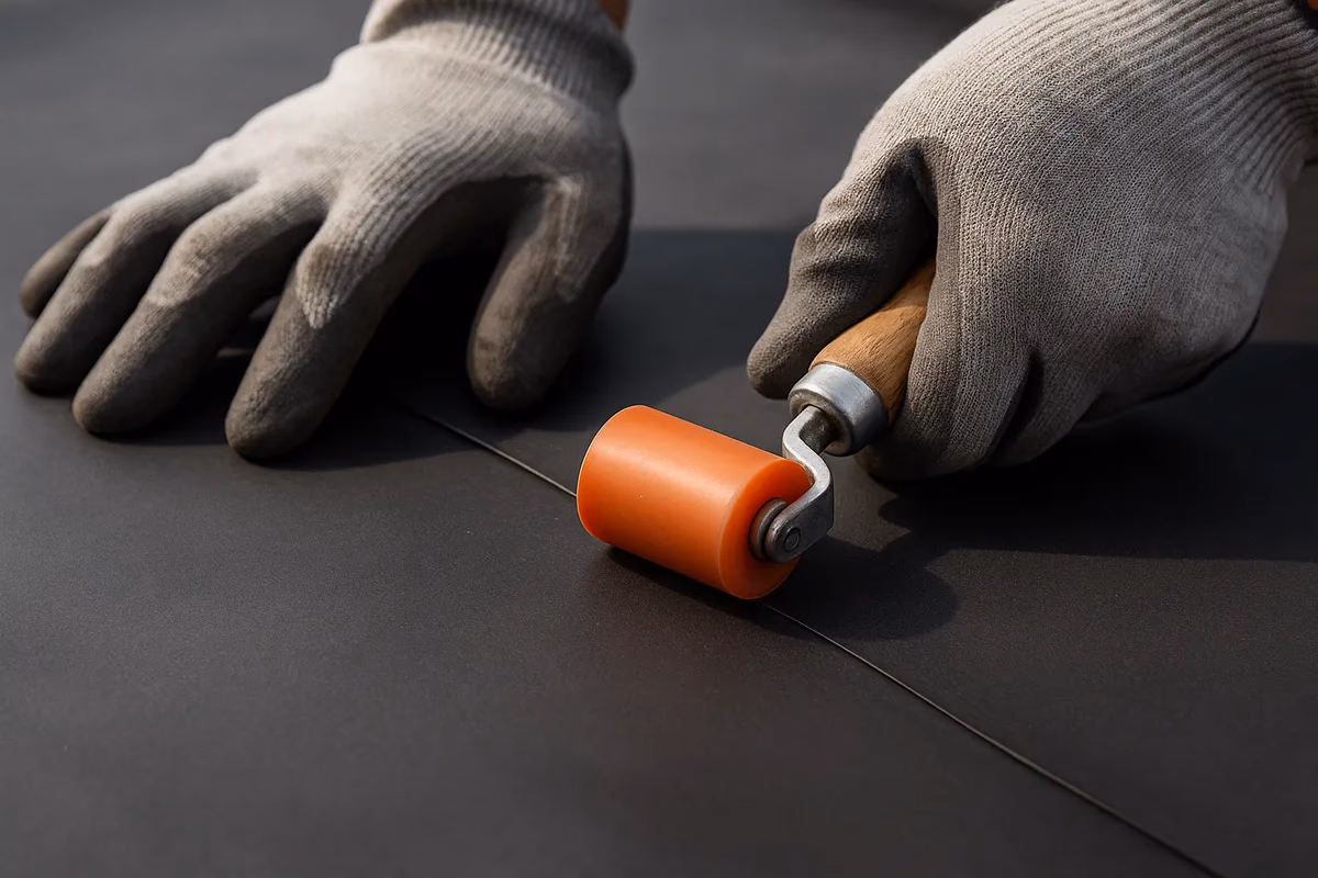 Verklebte EPDM-Naht wird mit einer Andrückrolle festgedrückt