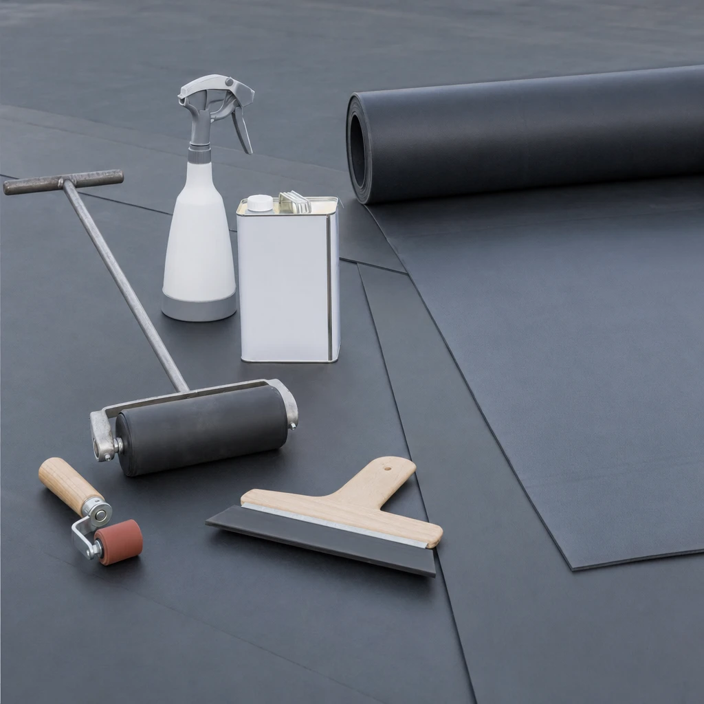 Werkzeugset für das EPDM verkleben: Rollen, Rakel und Primer auf EPDM-Bahn