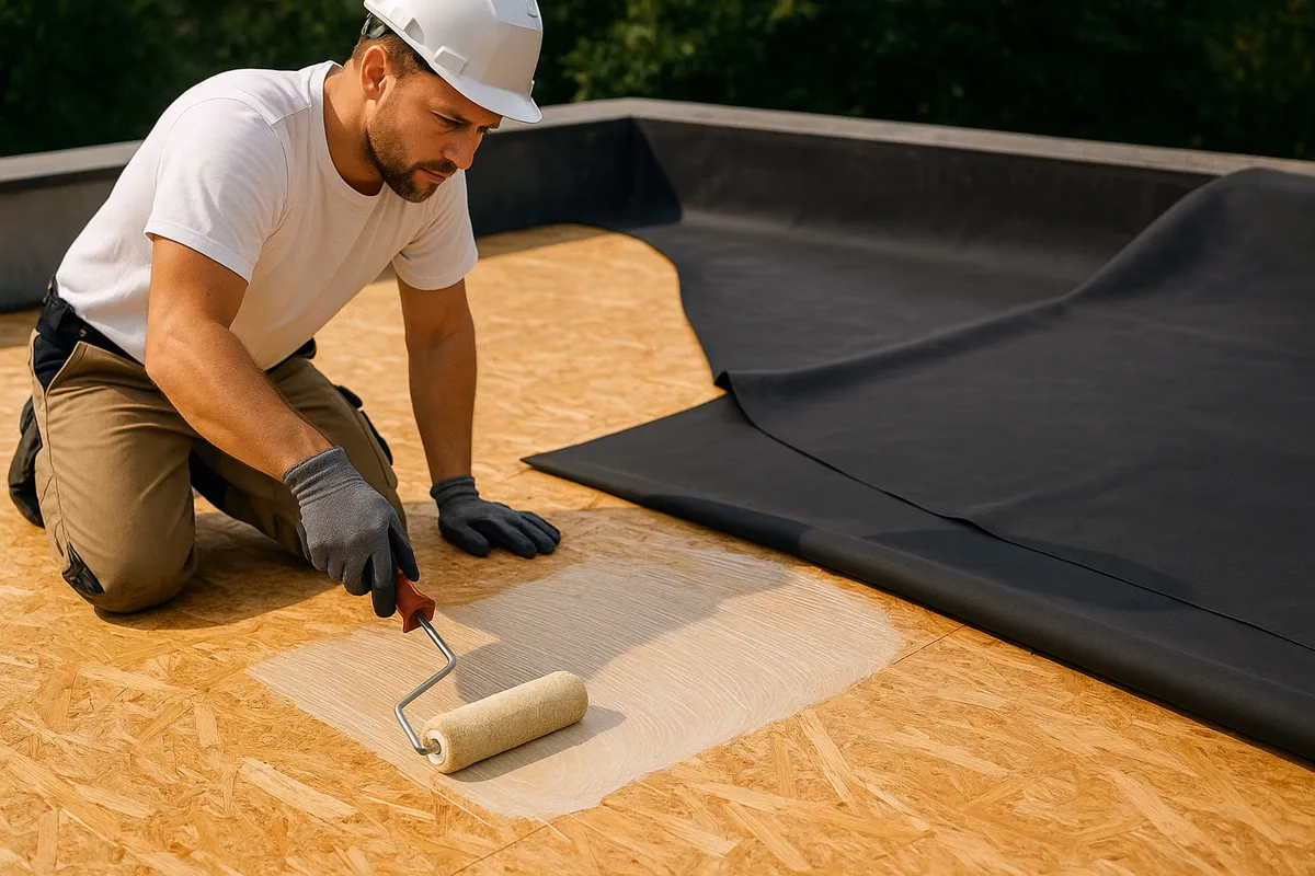 EPDM Flächenkleber wird mit einer Walze auf das Dach aufgetragen