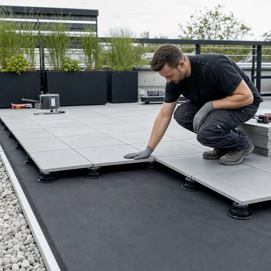 Dachterrasse auf EPDM 1,5 mm: Plattenbelag und Randabschlüsse mit EPDM-Dachfolie