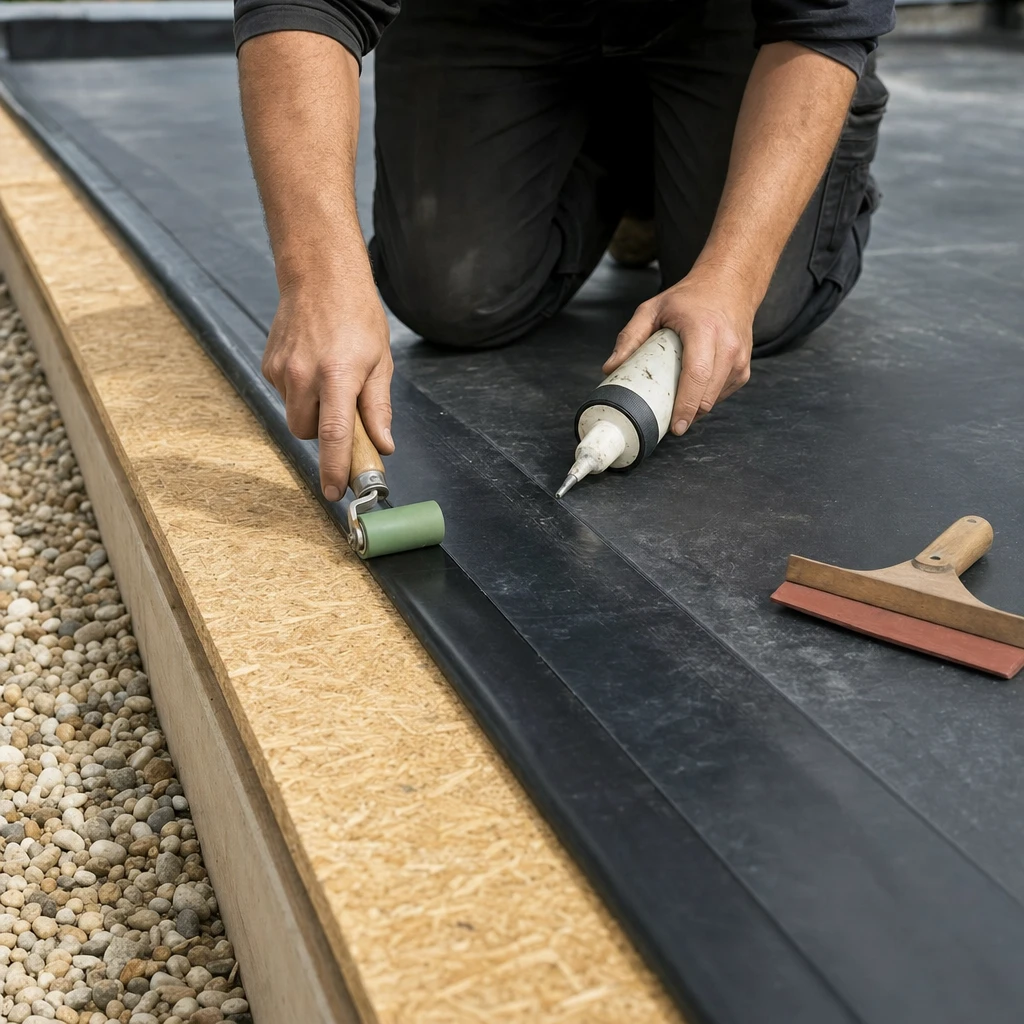 Verlegung einer EPDM-Dachfolie an Traufe mit Werkzeug – epdm dachfolie dicke
