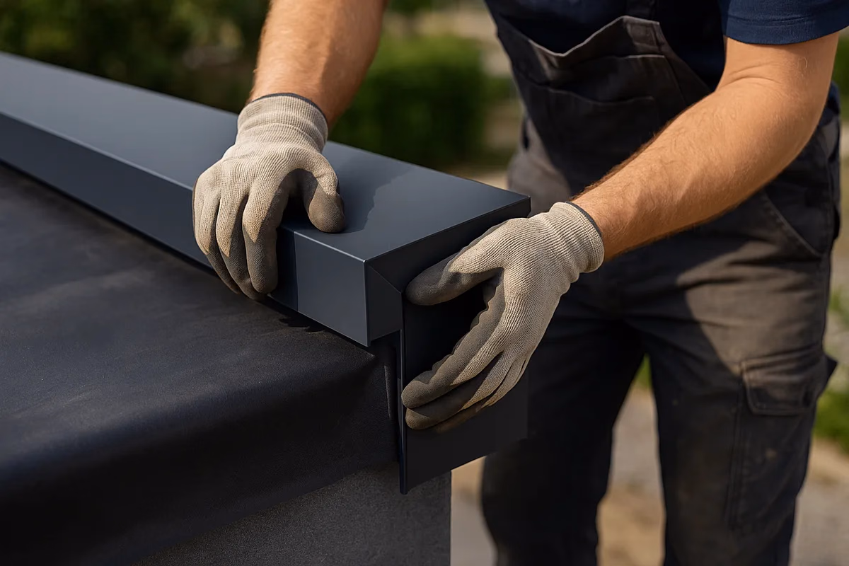 Anthrazitfarbenes Dachrandprofil wird am EPDM-Flachdach montiert