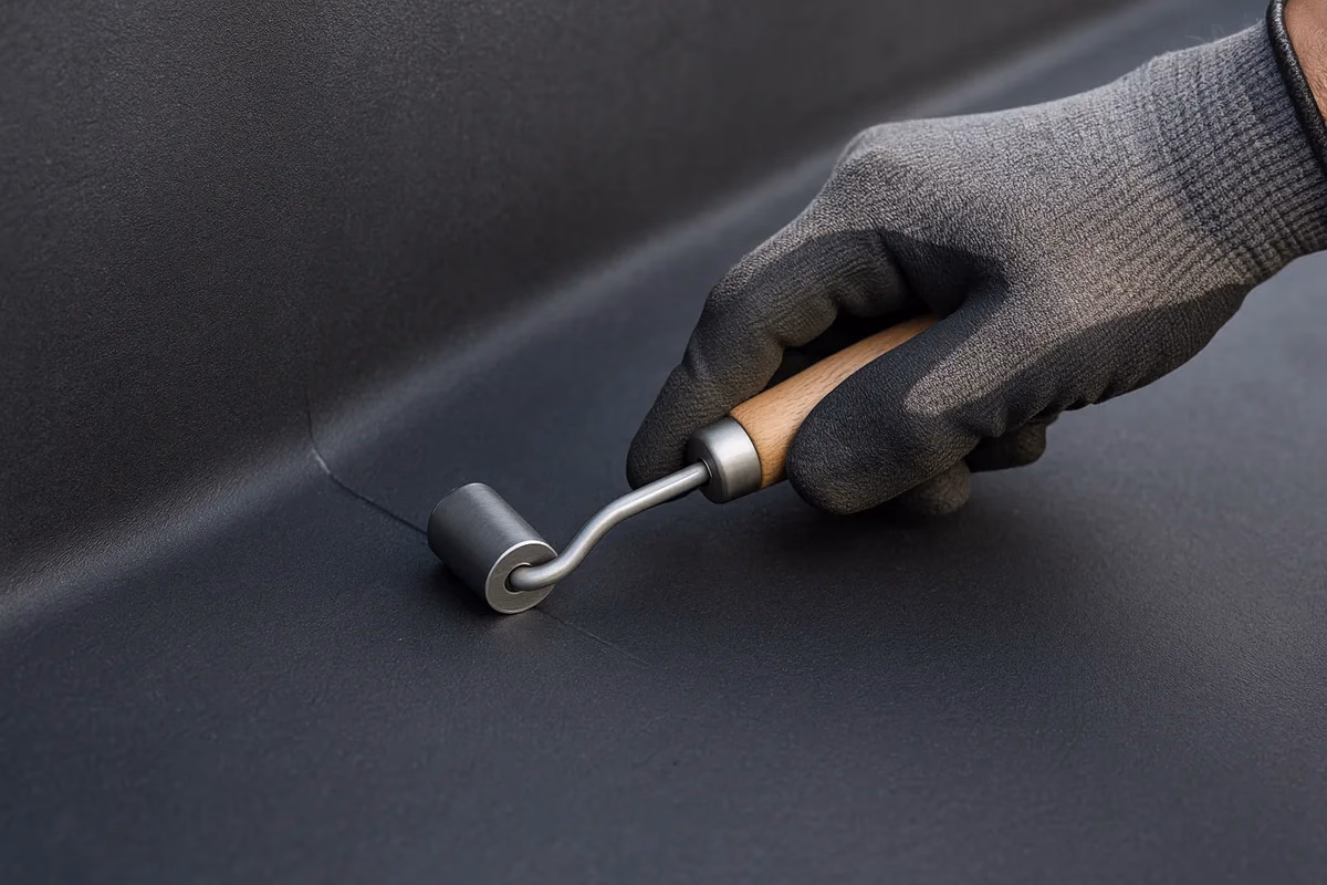 Silikon-Andrückroller drückt eine EPDM-Naht auf dem Flachdach an