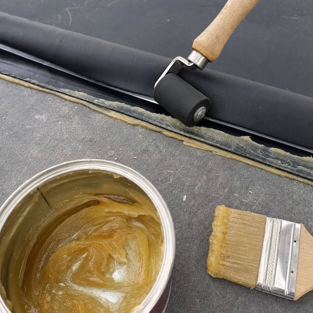 Detail: EPDM-Naht mit Butylstreifen und Nahtroller beim EPDM verkleben