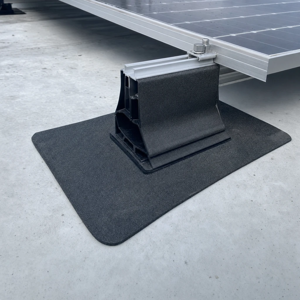 Weiße EPDM-Dachbahn mit Schutzpad unter PV-Unterkonstruktion