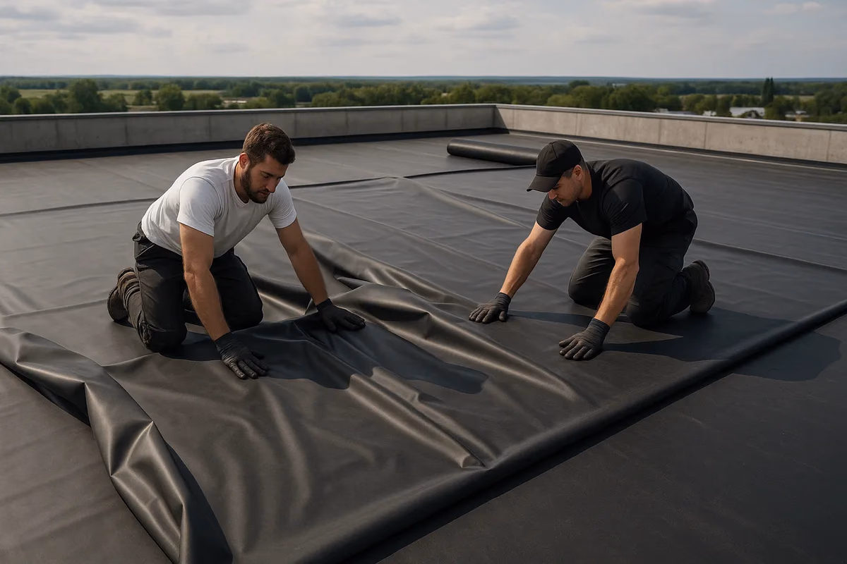 Große EPDM Folie wird auf einem Flachdach ausgerollt